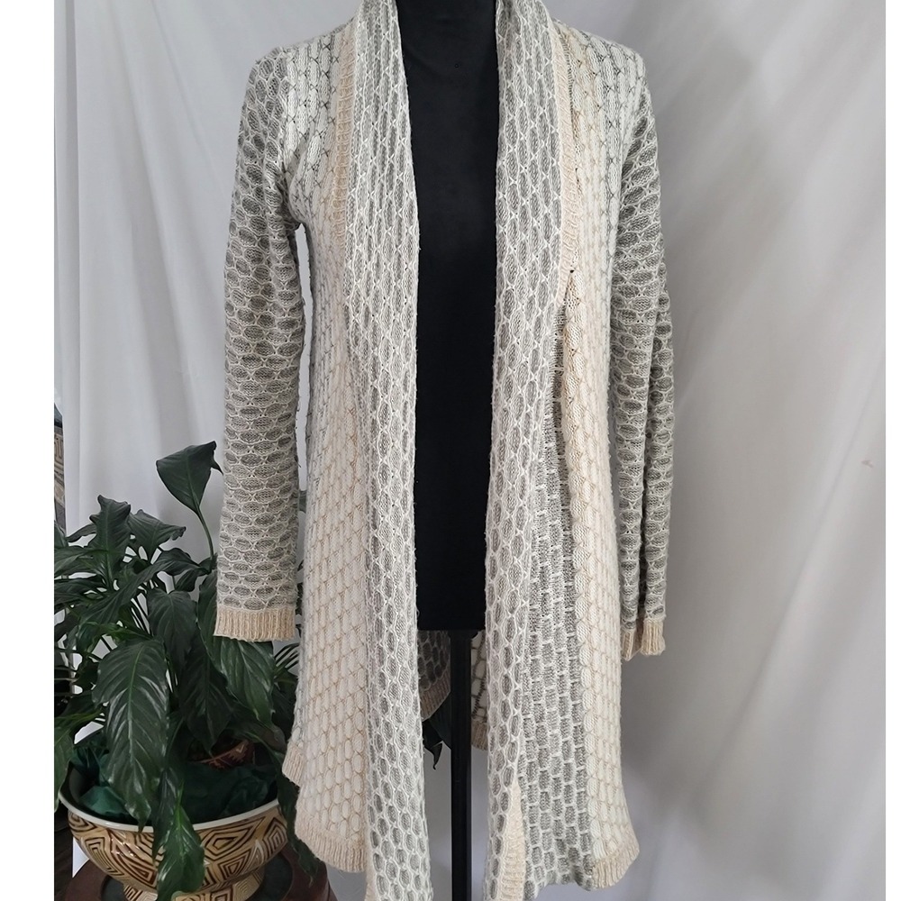 Carolyn Taylor Textured Honeycomb Knit Longline Cardigan Open Front Sweater Grey